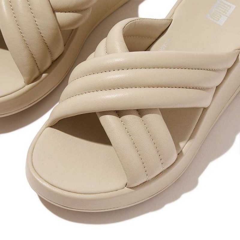 Grey / Beige Women's FitFlop F-Mode Padded Leather Flatform Cross Slides | 843IXYFAV