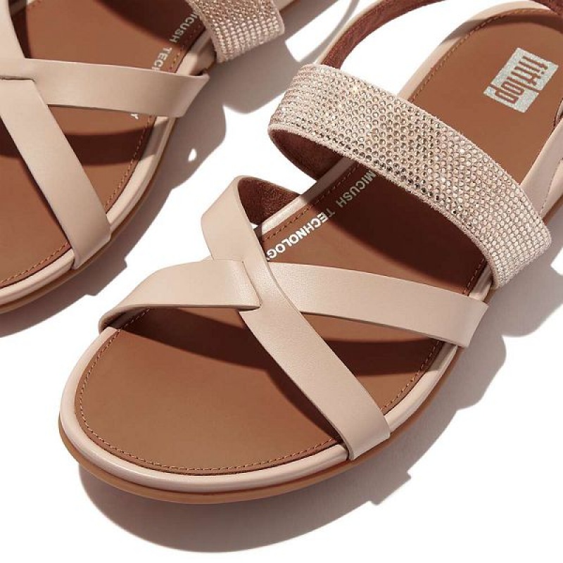 Grey / Beige Women's FitFlop Gracie Crystal Leather Strappy Back-Strap Sandals | 083ZXNIGT