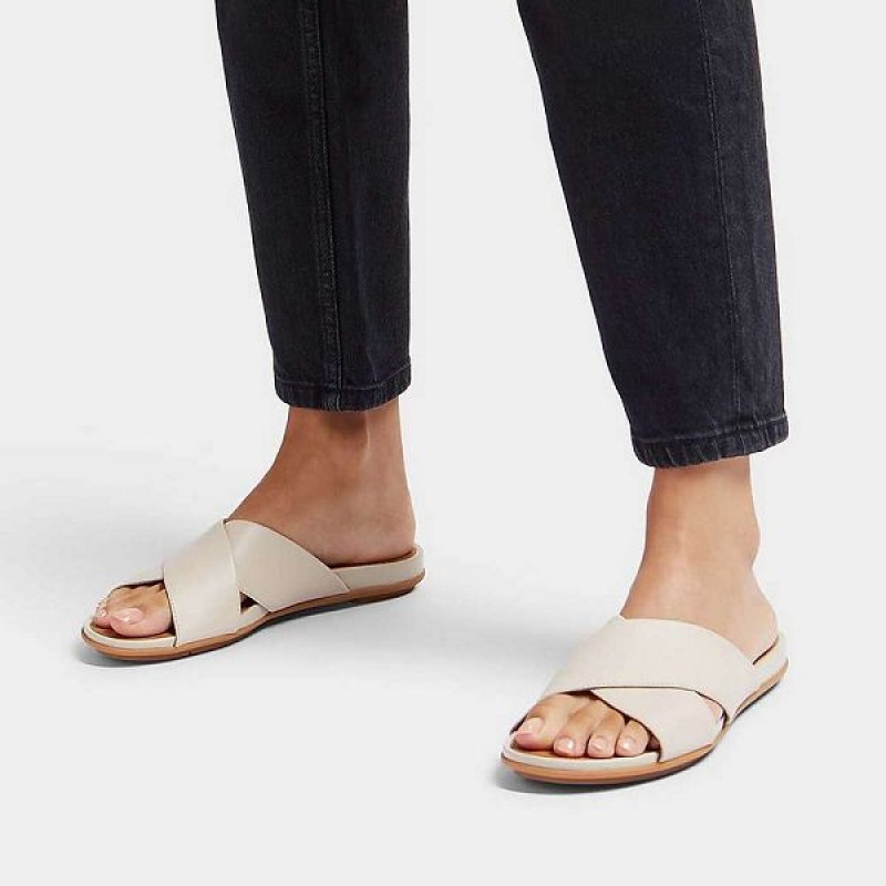 Grey / Beige Women's FitFlop Gracie Leather Cross Slides | 504HDQJAE