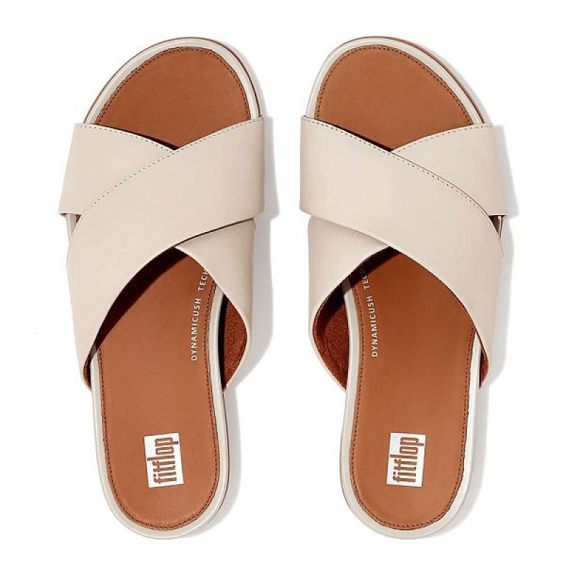 Grey / Beige Women's FitFlop Gracie Leather Cross Slides | 504HDQJAE