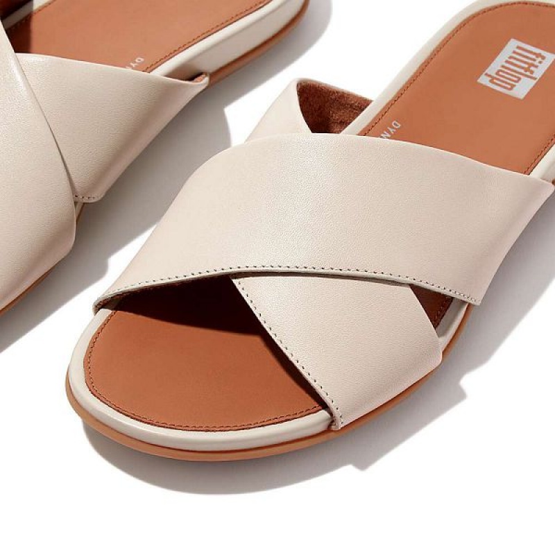 Grey / Beige Women's FitFlop Gracie Leather Cross Slides | 504HDQJAE