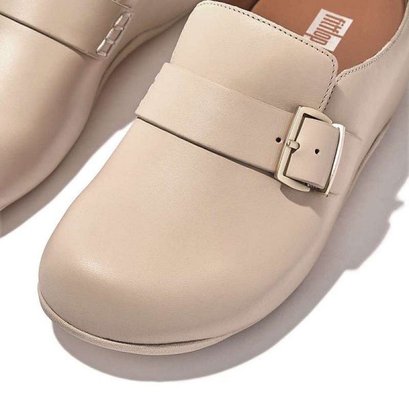 Grey / Beige Women's FitFlop Shuv Buckle Strap Leather Clogs | 987AUZEJW