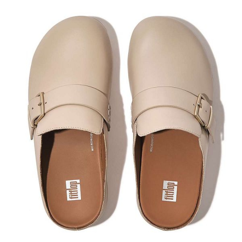 Grey / Beige Women's FitFlop Shuv Buckle Strap Leather Clogs | 987AUZEJW