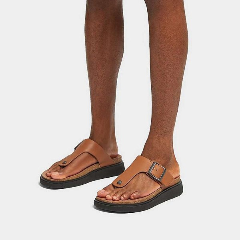 Light Brown Men's FitFlop Gen-Ff Buckle Leather Toe-Post Sandals | 304MYULXR