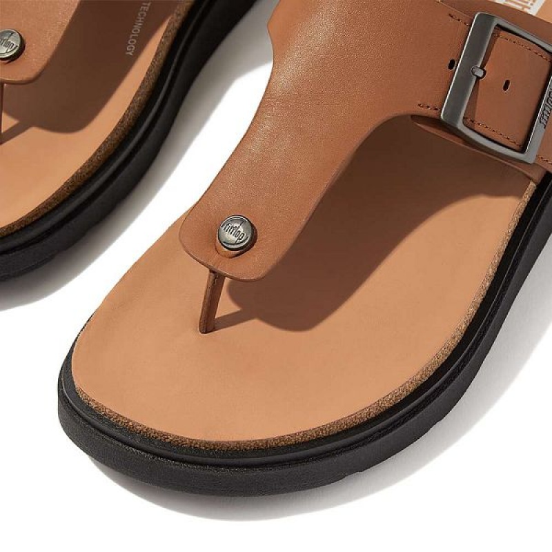 Light Brown Men's FitFlop Gen-Ff Buckle Leather Toe-Post Sandals | 304MYULXR