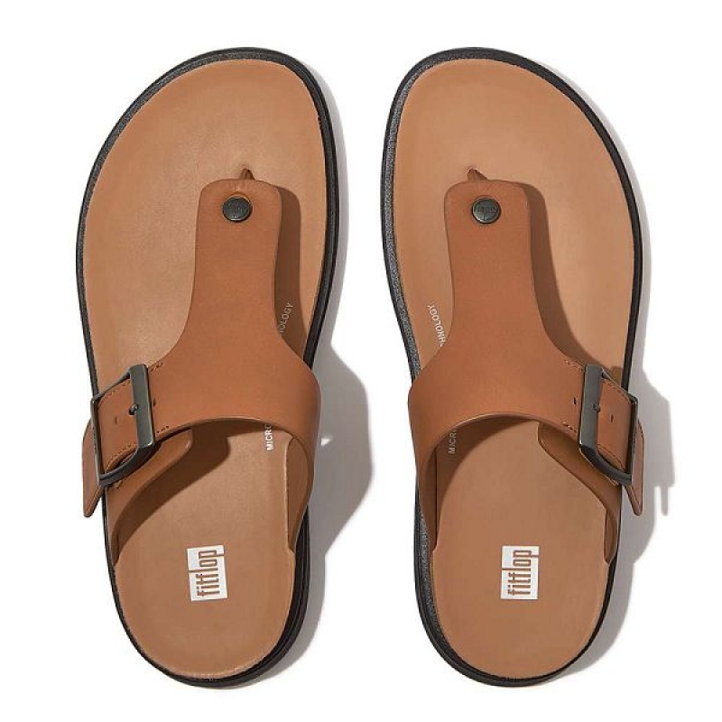 Light Brown Men's FitFlop Gen-Ff Buckle Leather Toe-Post Sandals | 304MYULXR