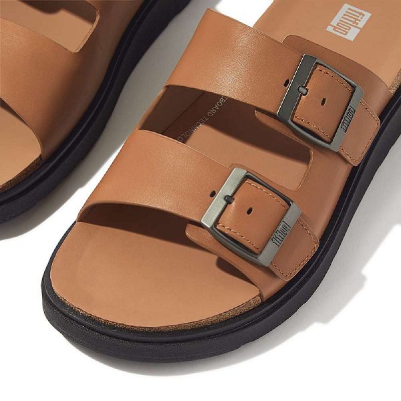 Light Brown Men's FitFlop Gen-Ff Buckle Two Bar Leather Slides | 538FYLWKS