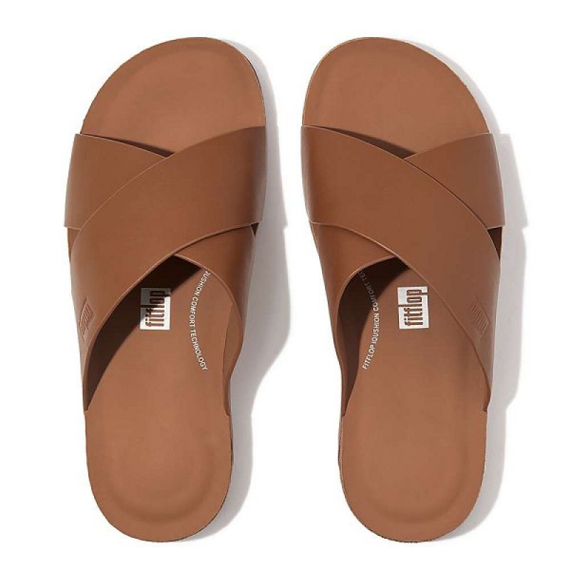 Light Brown Men's FitFlop Iqushion Leather Cross Slides | 057CZVMWD