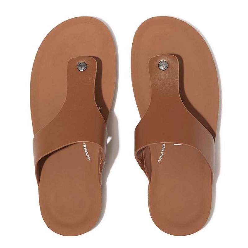 Light Brown Men's FitFlop Iqushion Leather Toe-Post Sandals | 802CUZBQE