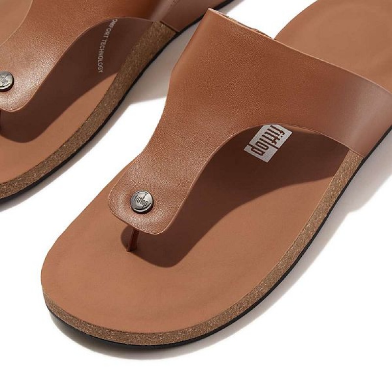 Light Brown Men's FitFlop Iqushion Leather Toe-Post Sandals | 802CUZBQE