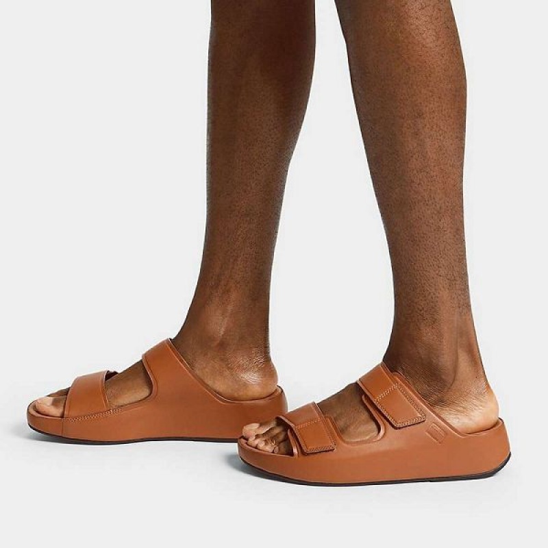 Light Brown Men's FitFlop Samel Adjustable Leather Slides | 781XJLFVG