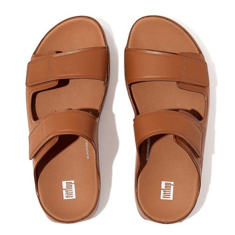 Light Brown Men's FitFlop Samel Adjustable Leather Slides | 781XJLFVG