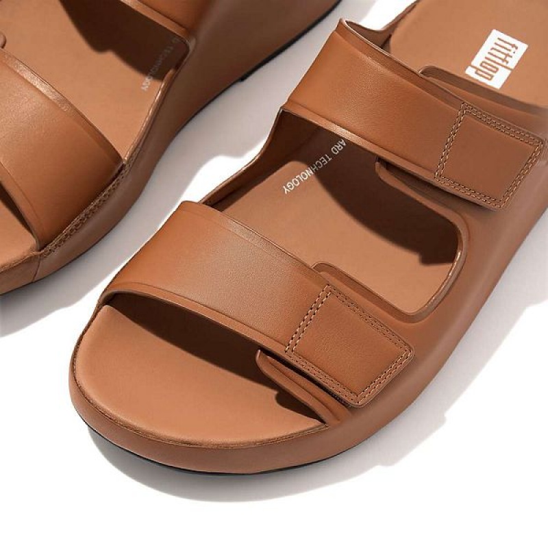 Light Brown Men's FitFlop Samel Adjustable Leather Slides | 781XJLFVG