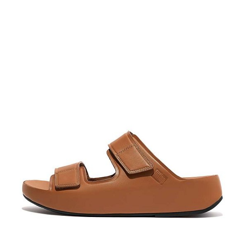 Light Brown Men\'s FitFlop Samel Adjustable Leather Slides | 781XJLFVG