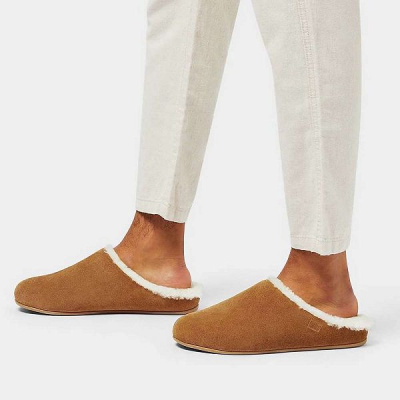 Light Brown Men's FitFlop Shove Shearling Lined Suede Slippers | 231OGHYRN