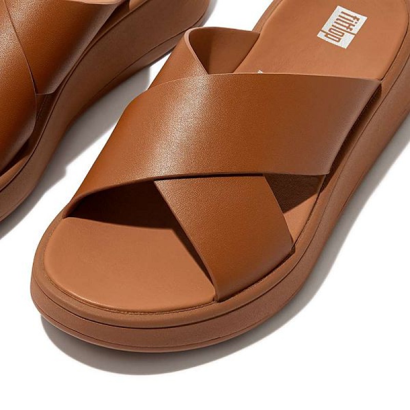 Light Brown Women's FitFlop F-Mode Leather Flatform Cross Slides | 962OTBIJP