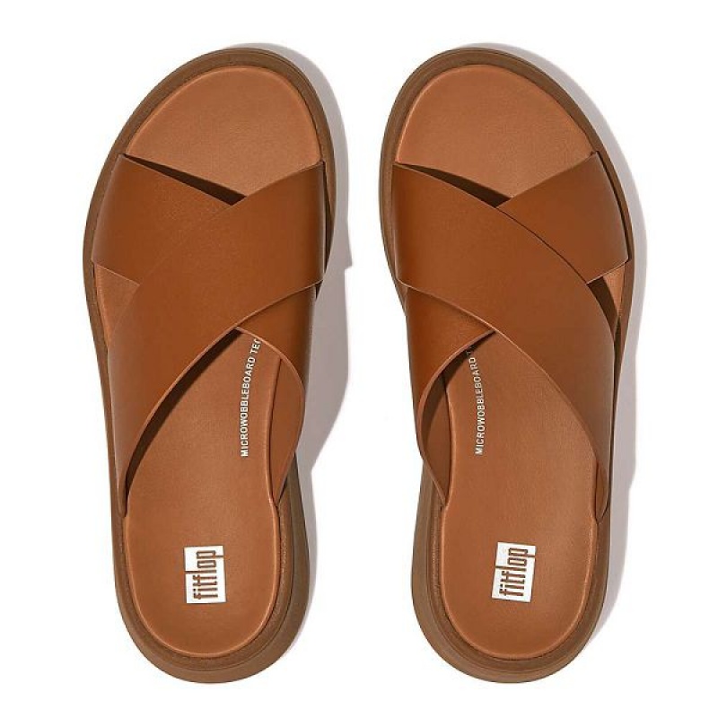 Light Brown Women's FitFlop F-Mode Leather Flatform Cross Slides | 962OTBIJP