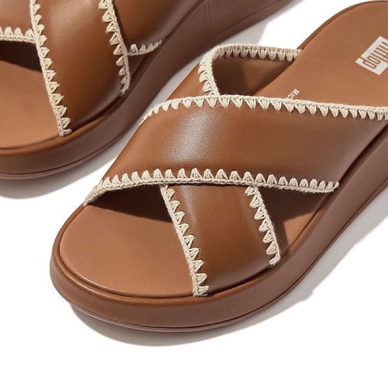 Light Brown Women's FitFlop F-Mode Leather Flatform Cross Slides | 163JGQPDM