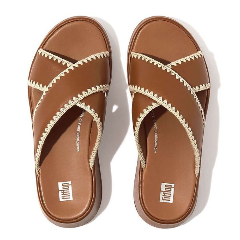 Light Brown Women's FitFlop F-Mode Leather Flatform Cross Slides | 163JGQPDM