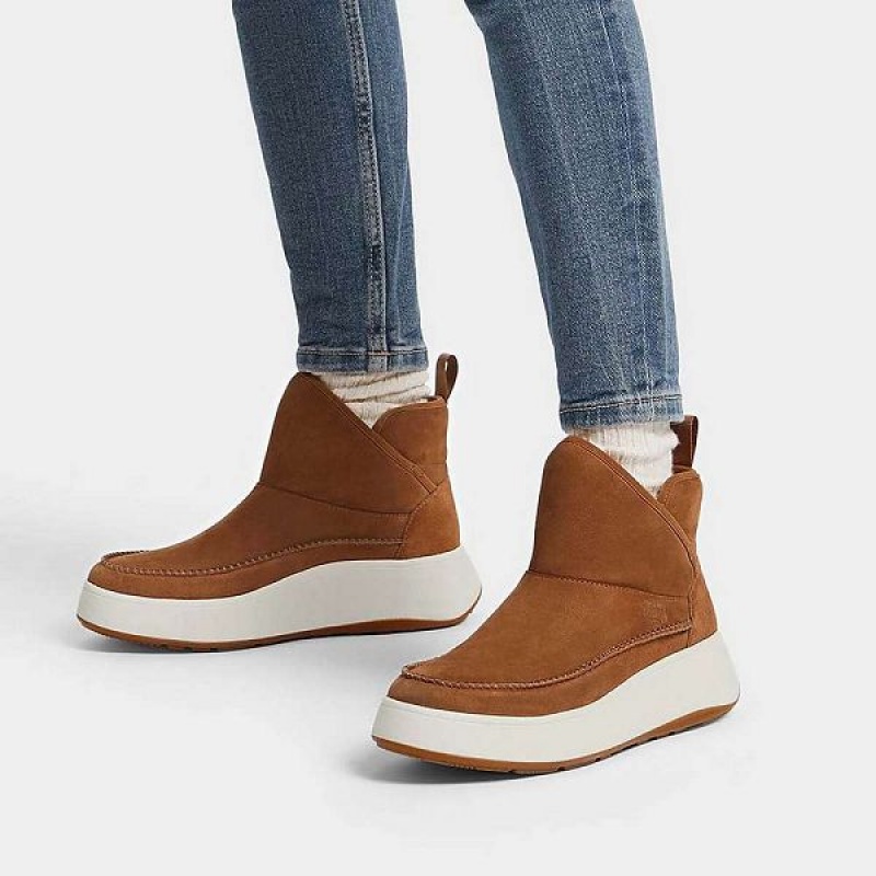 Light Brown Women's FitFlop F-Mode Nubuck-Mix Flatform Bootie Sneakers | 675BXLQZE