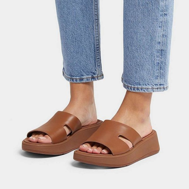 Light Brown Women's FitFlop F-Mode Raw Edge Leather Flatform H Bar Slides | 396ZWBPYG