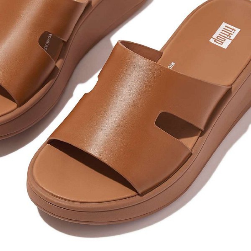 Light Brown Women's FitFlop F-Mode Raw Edge Leather Flatform H Bar Slides | 396ZWBPYG