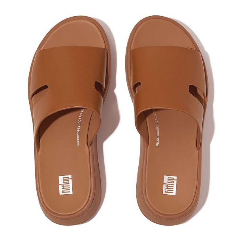 Light Brown Women's FitFlop F-Mode Raw Edge Leather Flatform H Bar Slides | 396ZWBPYG