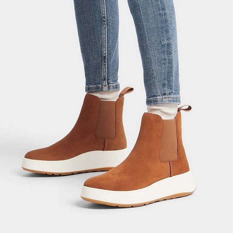 Light Brown Women's FitFlop F-Mode Suede Flatform Chelsea Boots | 895TQWCNP