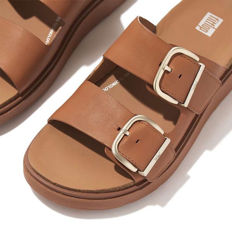 Light Brown Women's FitFlop Gen-Ff Buckle Two Bar Leather Slides | 108SWFJYI