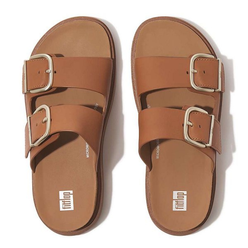 Light Brown Women's FitFlop Gen-Ff Buckle Two Bar Leather Slides | 108SWFJYI