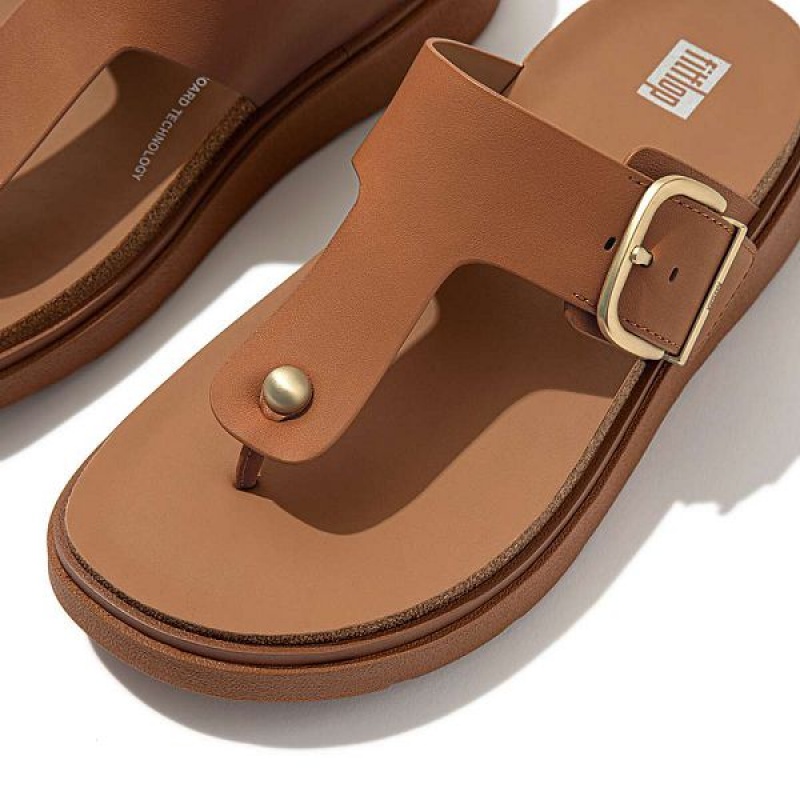 Light Brown Women's FitFlop Gen-Ff Buckle Leather Toe-Post Sandals | 945AFIXDK