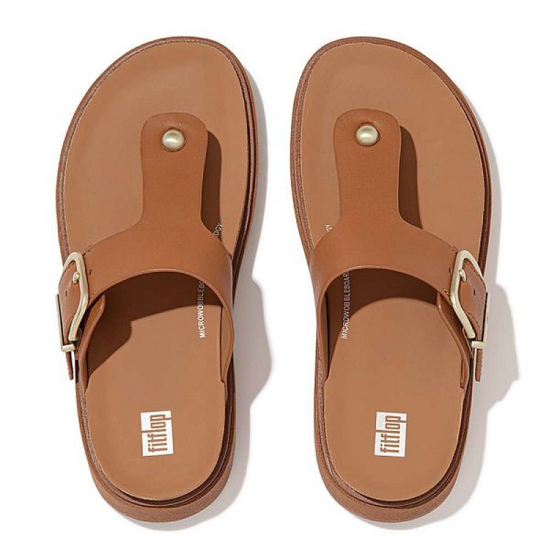 Light Brown Women's FitFlop Gen-Ff Buckle Leather Toe-Post Sandals | 945AFIXDK