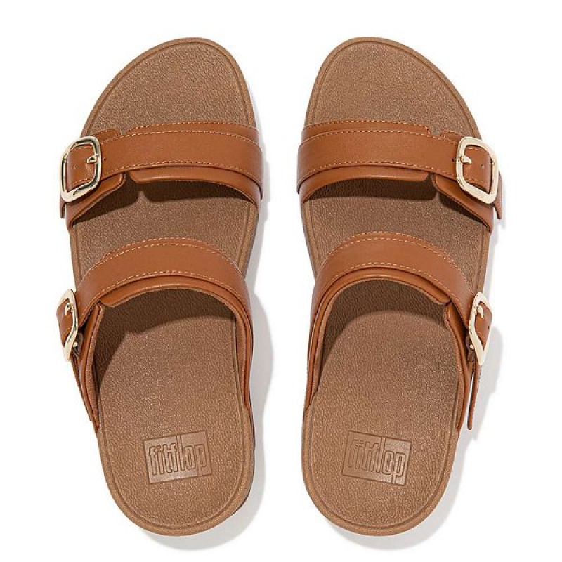 Light Brown Women's FitFlop Lulu Adjustable Leather Slides | 507NXVKRM