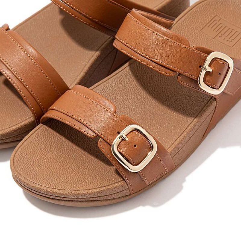 Light Brown Women's FitFlop Lulu Adjustable Leather Slides | 507NXVKRM