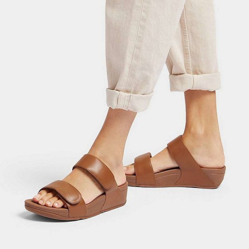 Light Brown Women's FitFlop Lulu Adjustable Leather Slides | 276XOKRSI