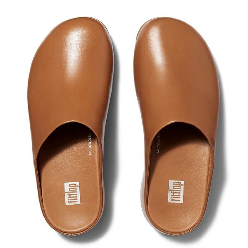 Light Brown Women's FitFlop Shuv Leather Clogs | 640UBNHXW