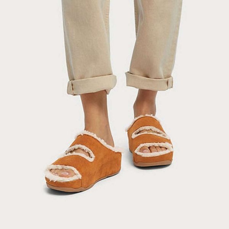 Light Brown Women's FitFlop Shuv Two Bar Shearling Suede Slides | 741ZOWGTJ