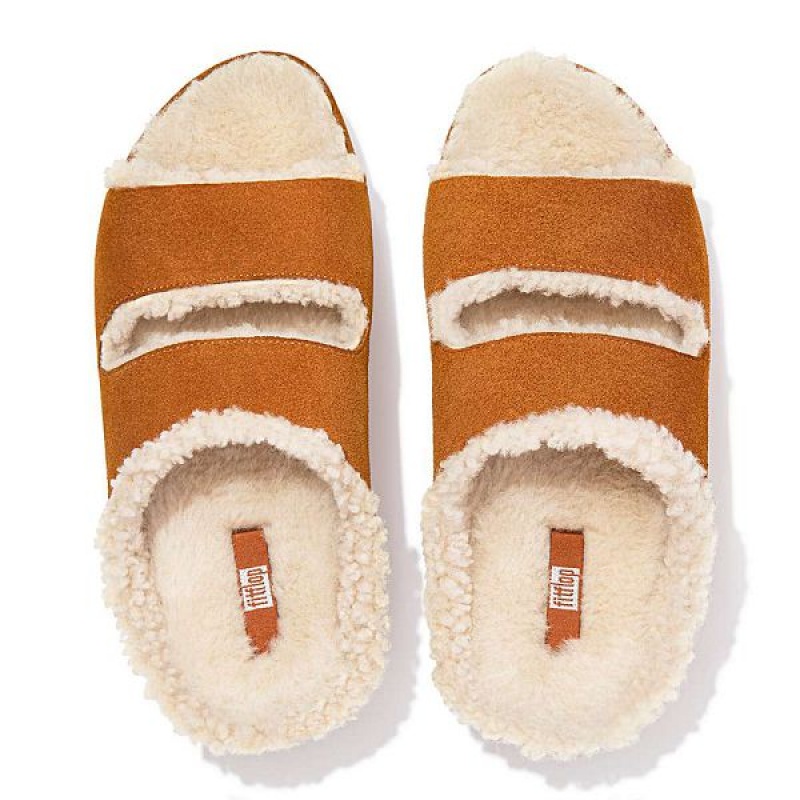 Light Brown Women's FitFlop Shuv Two Bar Shearling Suede Slides | 741ZOWGTJ