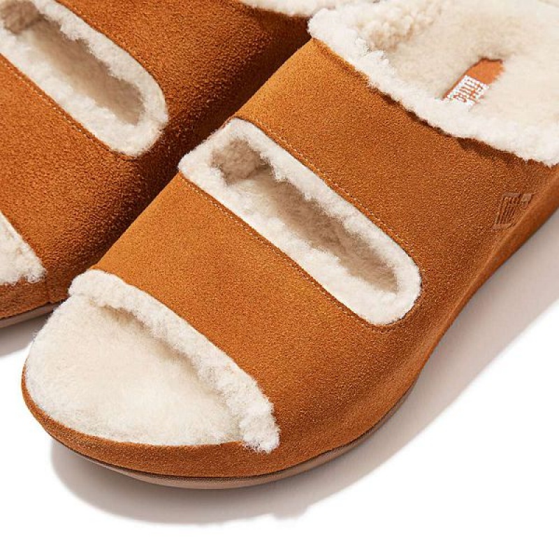 Light Brown Women's FitFlop Shuv Two Bar Shearling Suede Slides | 741ZOWGTJ