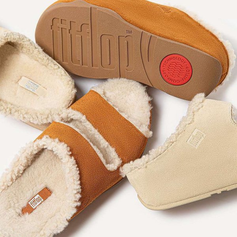 Light Brown Women's FitFlop Shuv Two Bar Shearling Suede Slides | 741ZOWGTJ