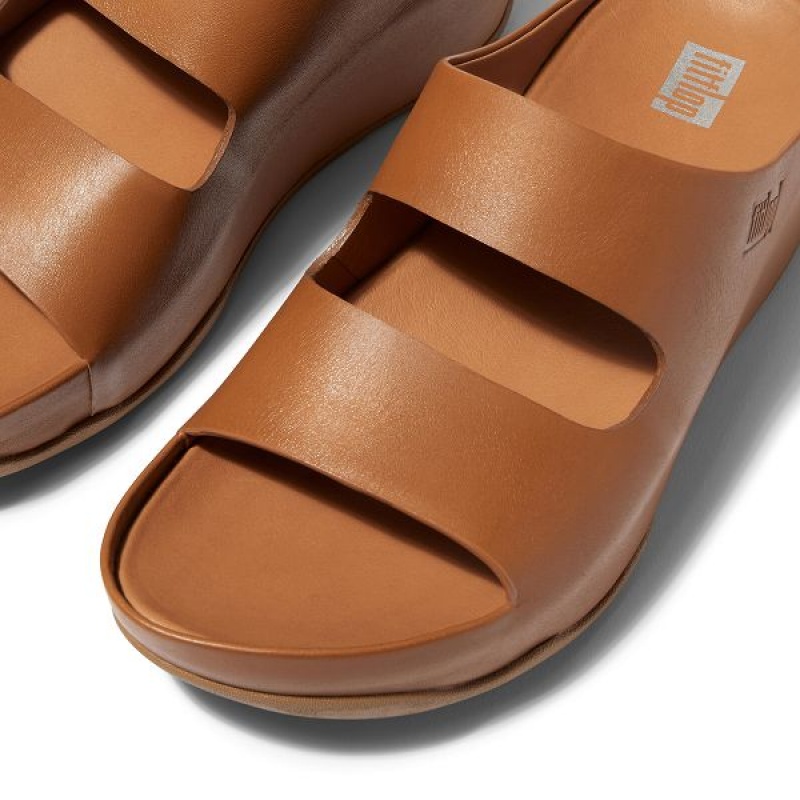 Light Brown Women's FitFlop Shuv Two Bar Leather Slides | 458VSJDWL