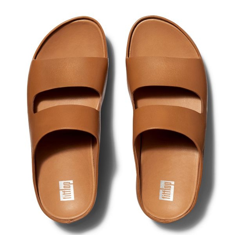 Light Brown Women's FitFlop Shuv Two Bar Leather Slides | 458VSJDWL