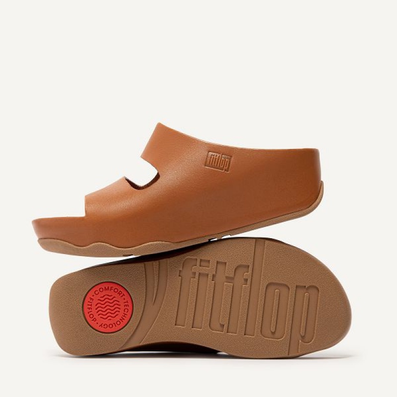 Light Brown Women's FitFlop Shuv Two Bar Leather Slides | 458VSJDWL