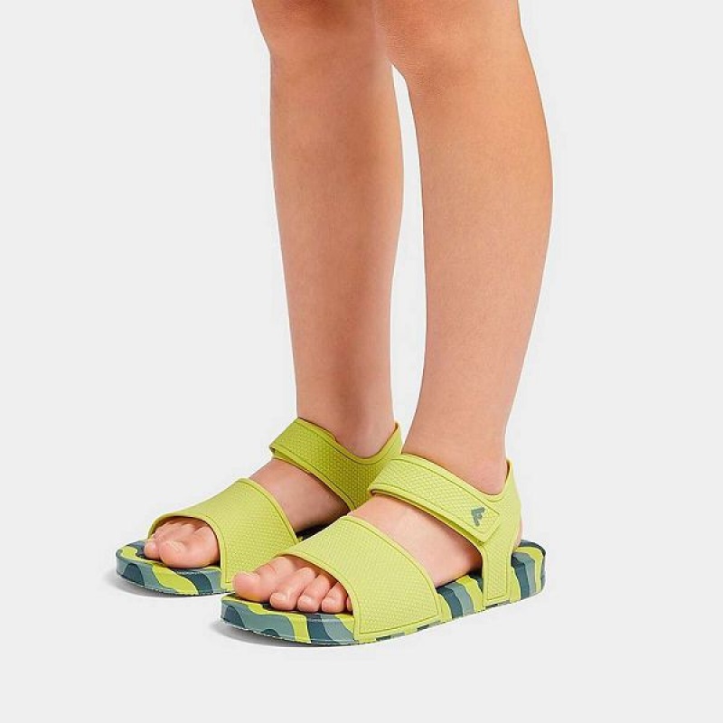 Light Green Kids' FitFlop Iqushion Junior Wave Print Ergonomic Back-Strap Sandals | 718RSMONH