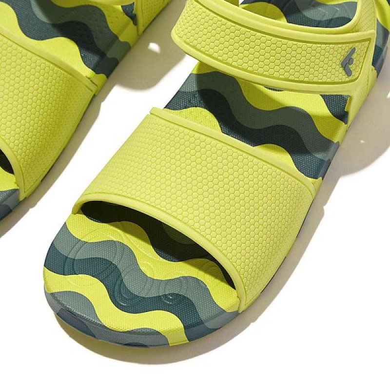 Light Green Kids' FitFlop Iqushion Junior Wave Print Ergonomic Back-Strap Sandals | 718RSMONH