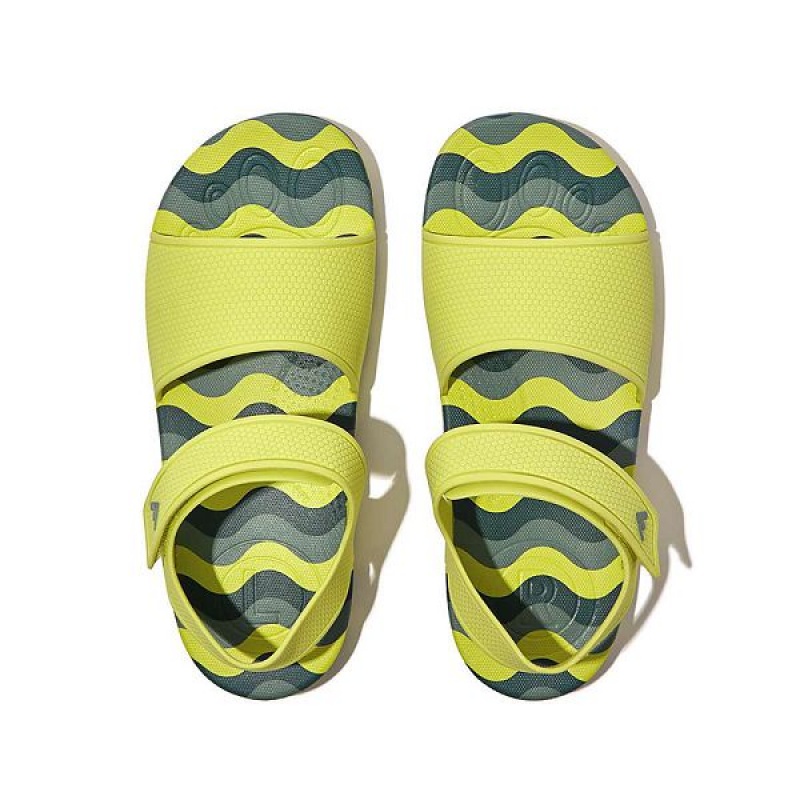 Light Green Kids' FitFlop Iqushion Junior Wave Print Ergonomic Back-Strap Sandals | 718RSMONH