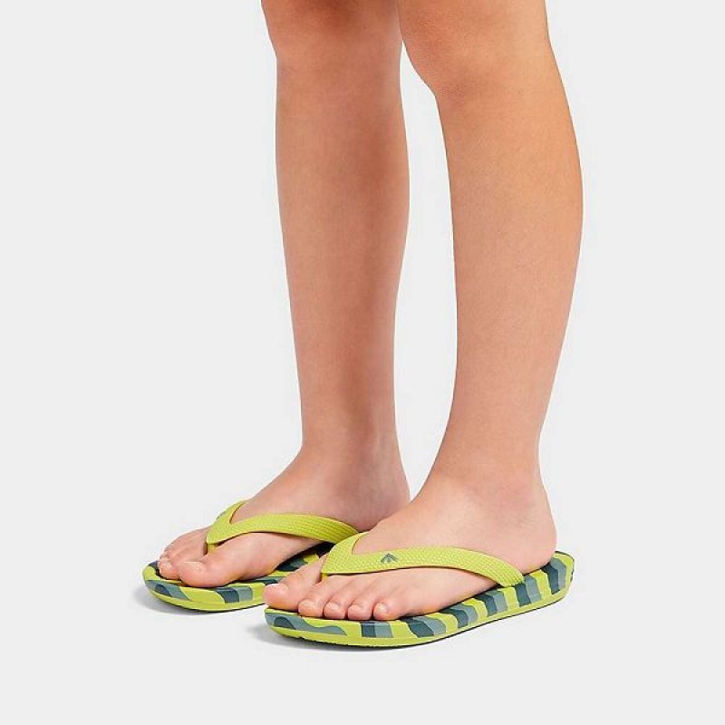 Light Green Kids' FitFlop Iqushion Junior Wave Print Ergonomic Flip Flops | 587QFIOZS