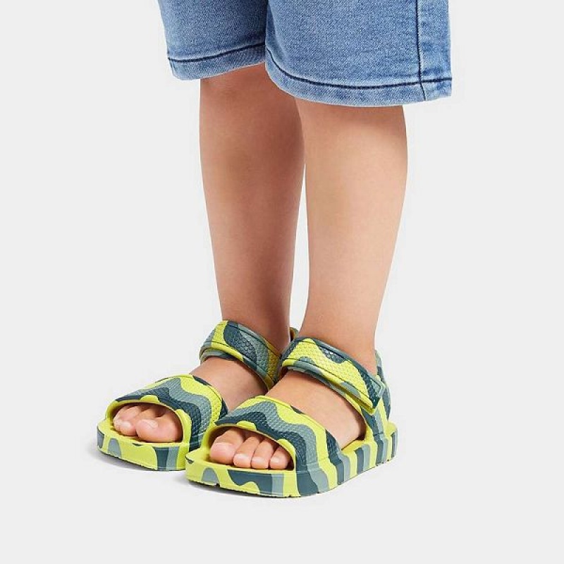 Light Green Kids' FitFlop Iqushion Toddler Wave Print Ergonomic Back-Strap Sandals | 902ORWGUS