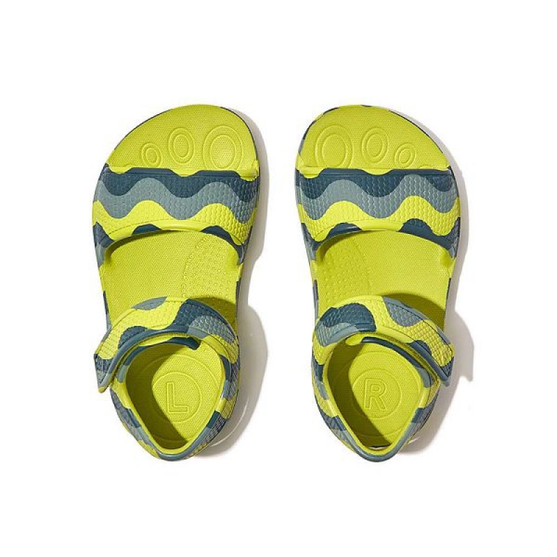 Light Green Kids' FitFlop Iqushion Toddler Wave Print Ergonomic Back-Strap Sandals | 902ORWGUS