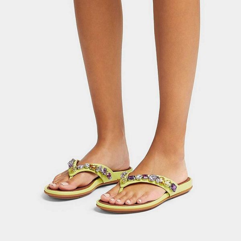 Light Green Women's FitFlop Gracie Jewel Deluxe Leather Flip Flops | 937EHTNKC